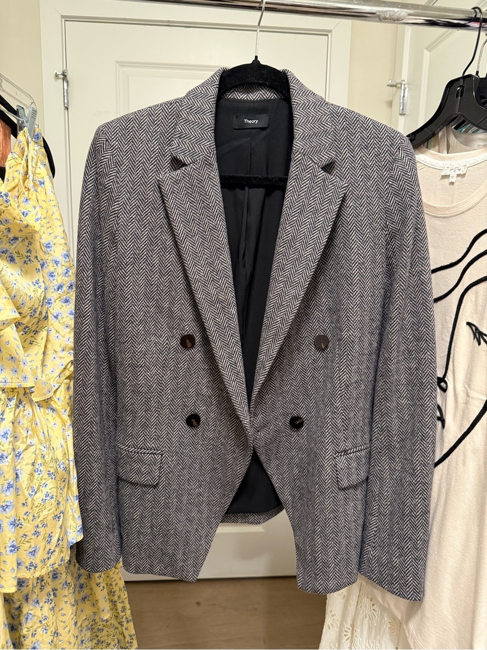 Theory Gray Herringbone Double-Breasted Blazer with Black Lining